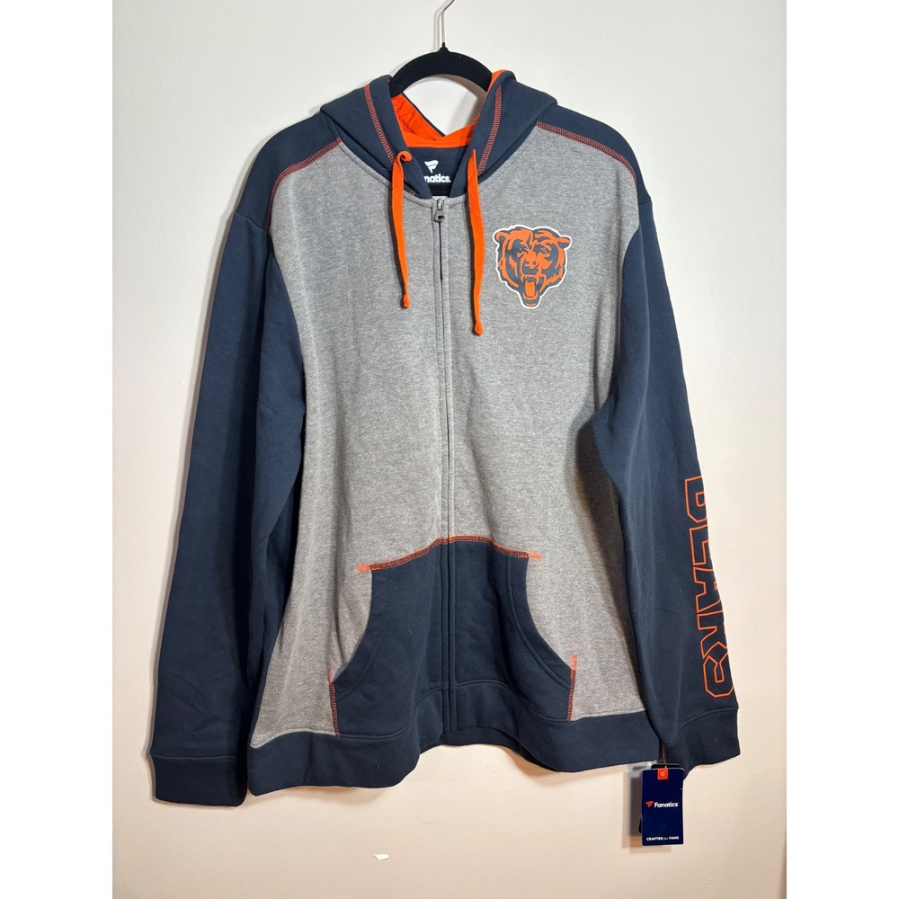 NWT Fanatics Mens Chicago Bears Full Zip Hoodie Gray Navy Orange NFL Team‎  2XL